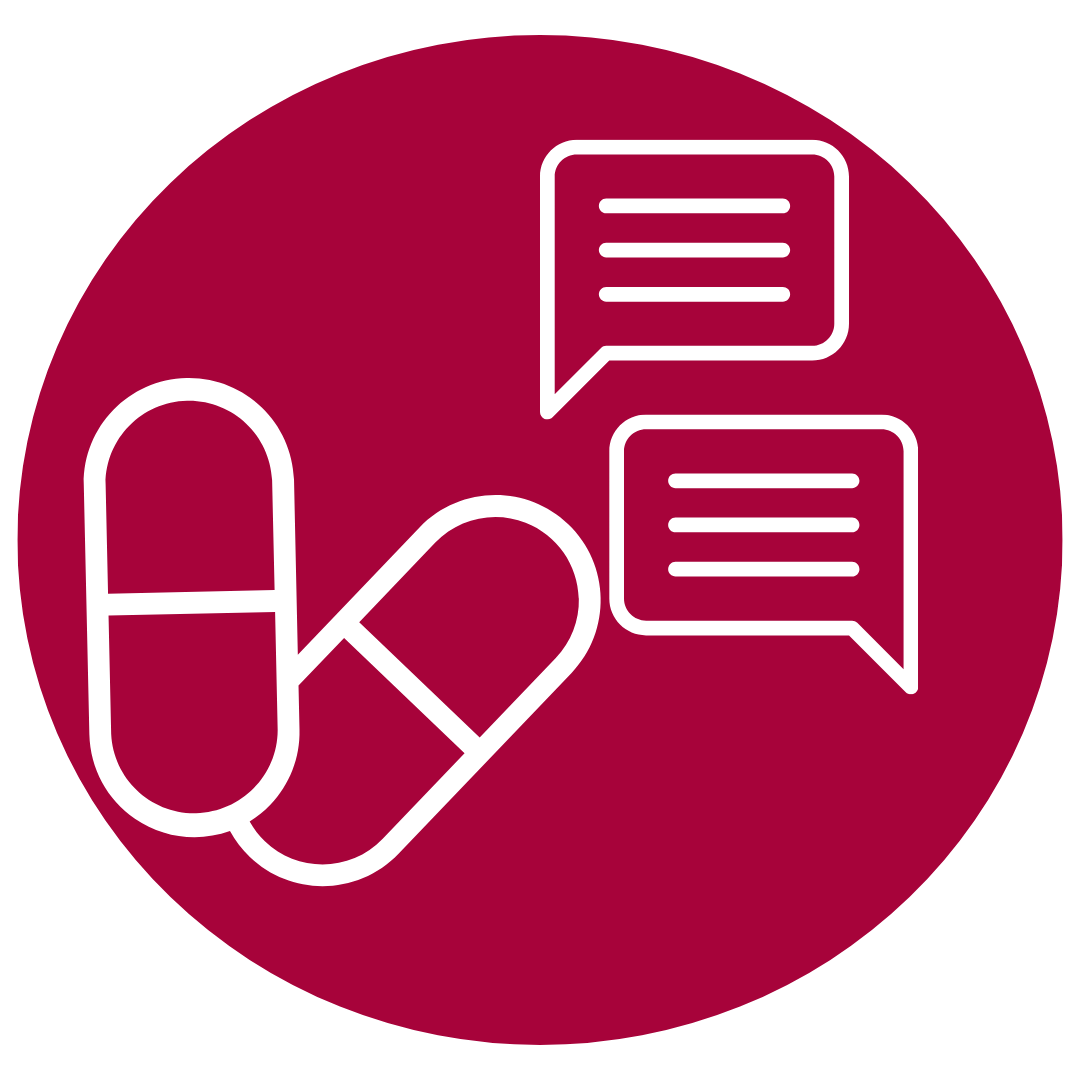 An icon showing medicine and two dialogue boxes.